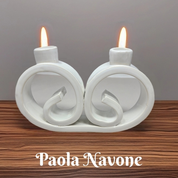Paola Navone Beautiful MCM White Ceramic Swirl Double Candle Holders Decorative - Picture 1 of 10